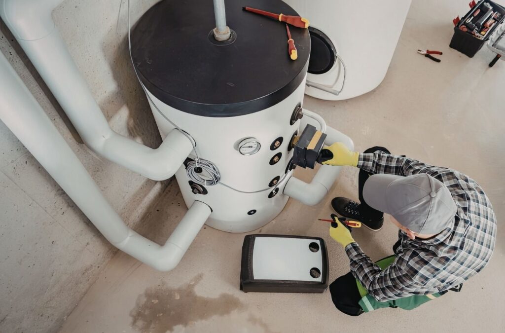 Experienced plumber testing water heater components with meter and hand tools
