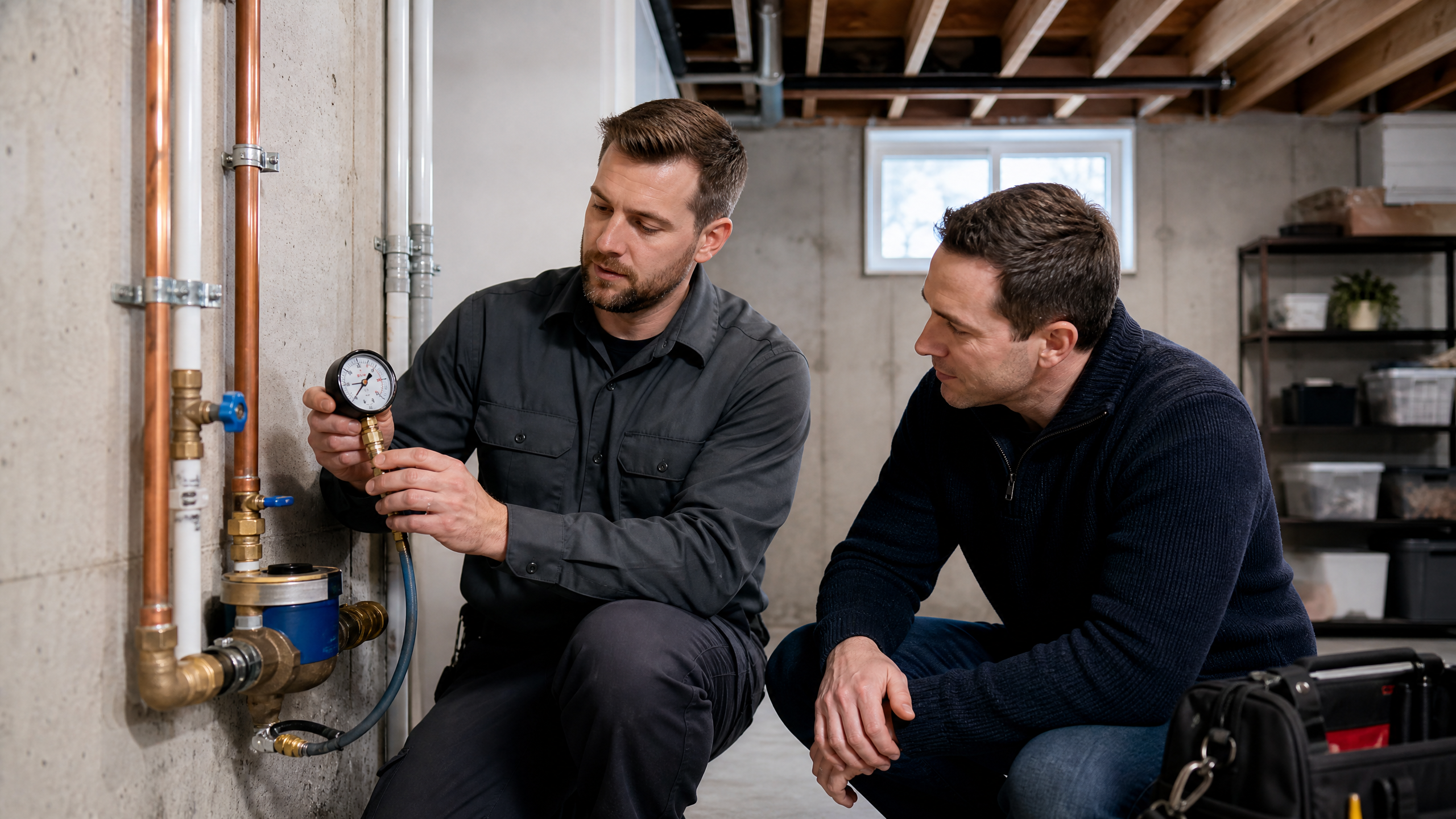 Plumber testing low water pressure at a faucet in a Toronto home