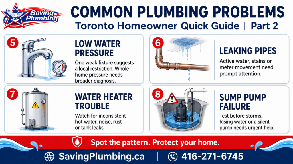 Four plumbing warning signs Toronto homeowners should investigate before water damage or equipment failure occurs.