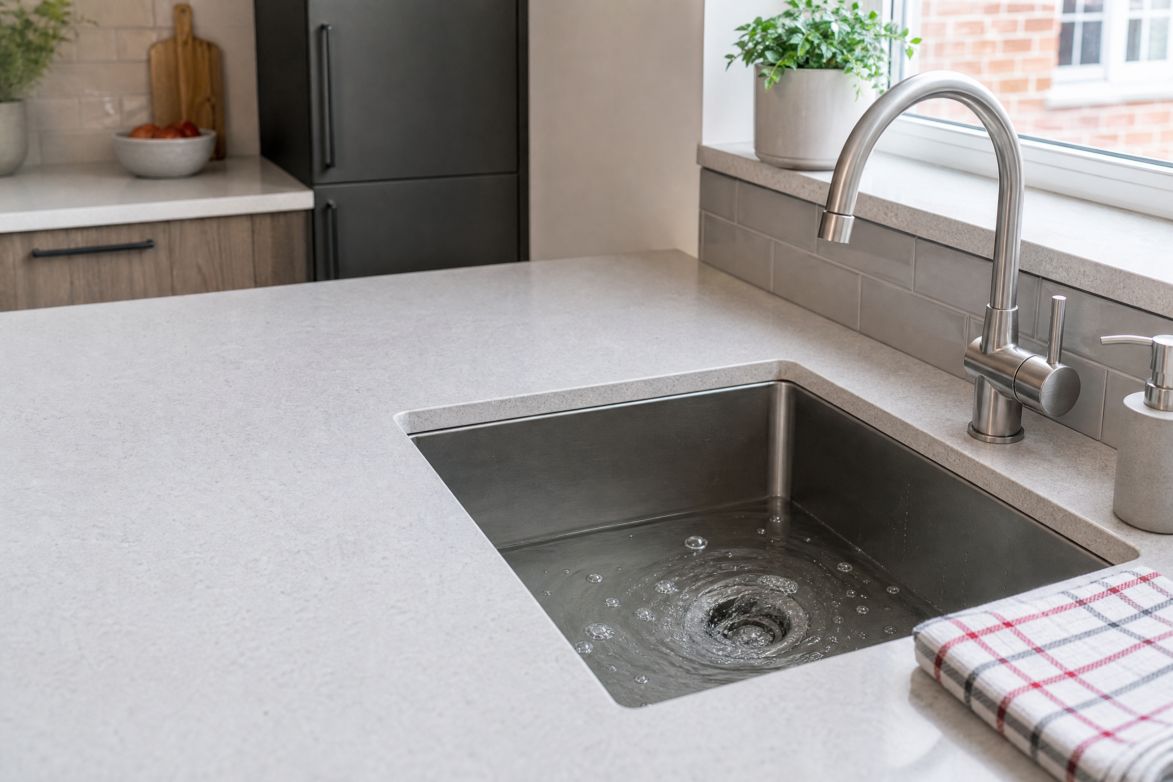 A modern kitchen sink with bubbles and a visible swirl around the drain, illustrating a gurgling kitchen sink.