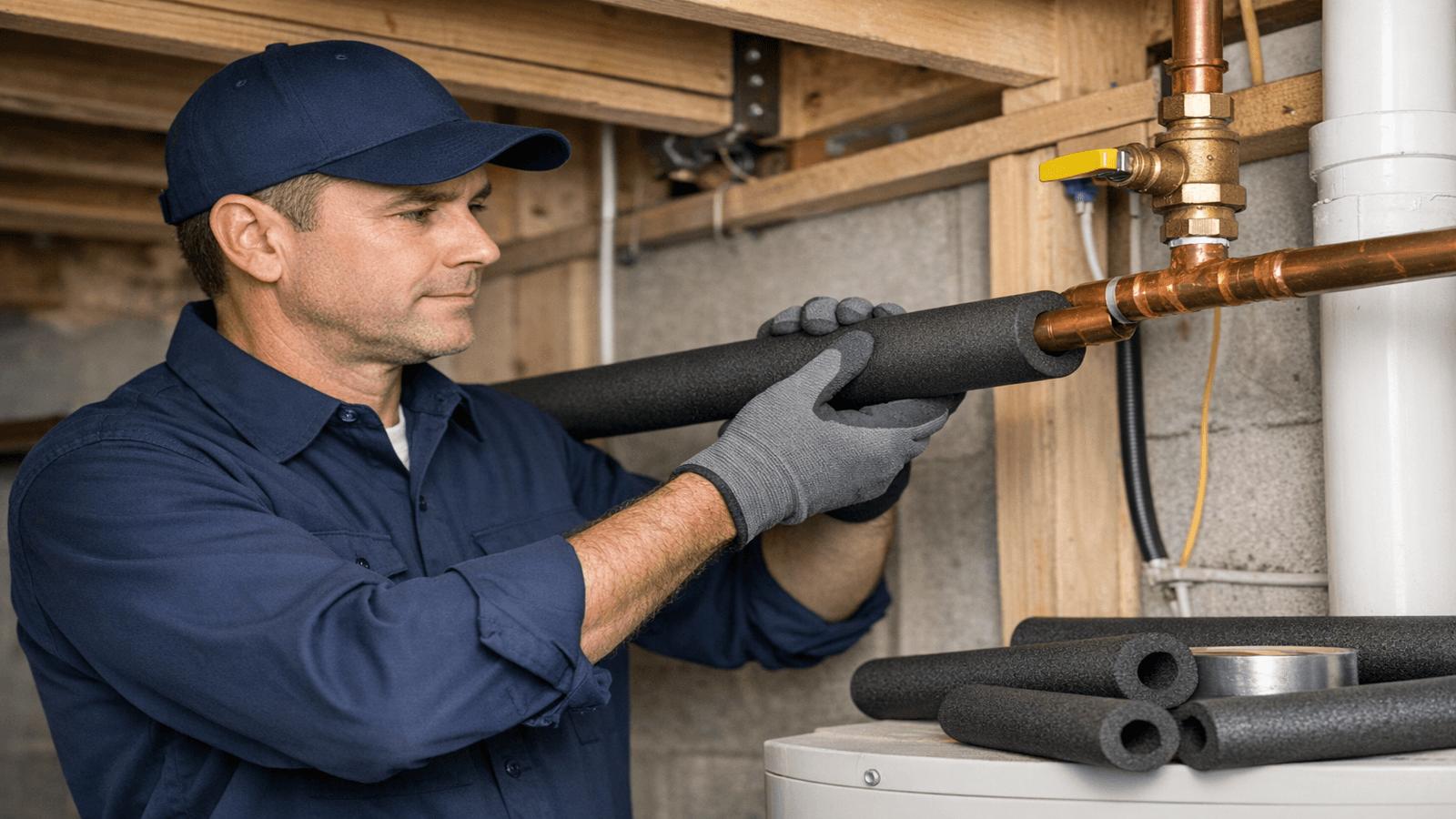 Foam insulation protecting exposed residential water pipes before winter